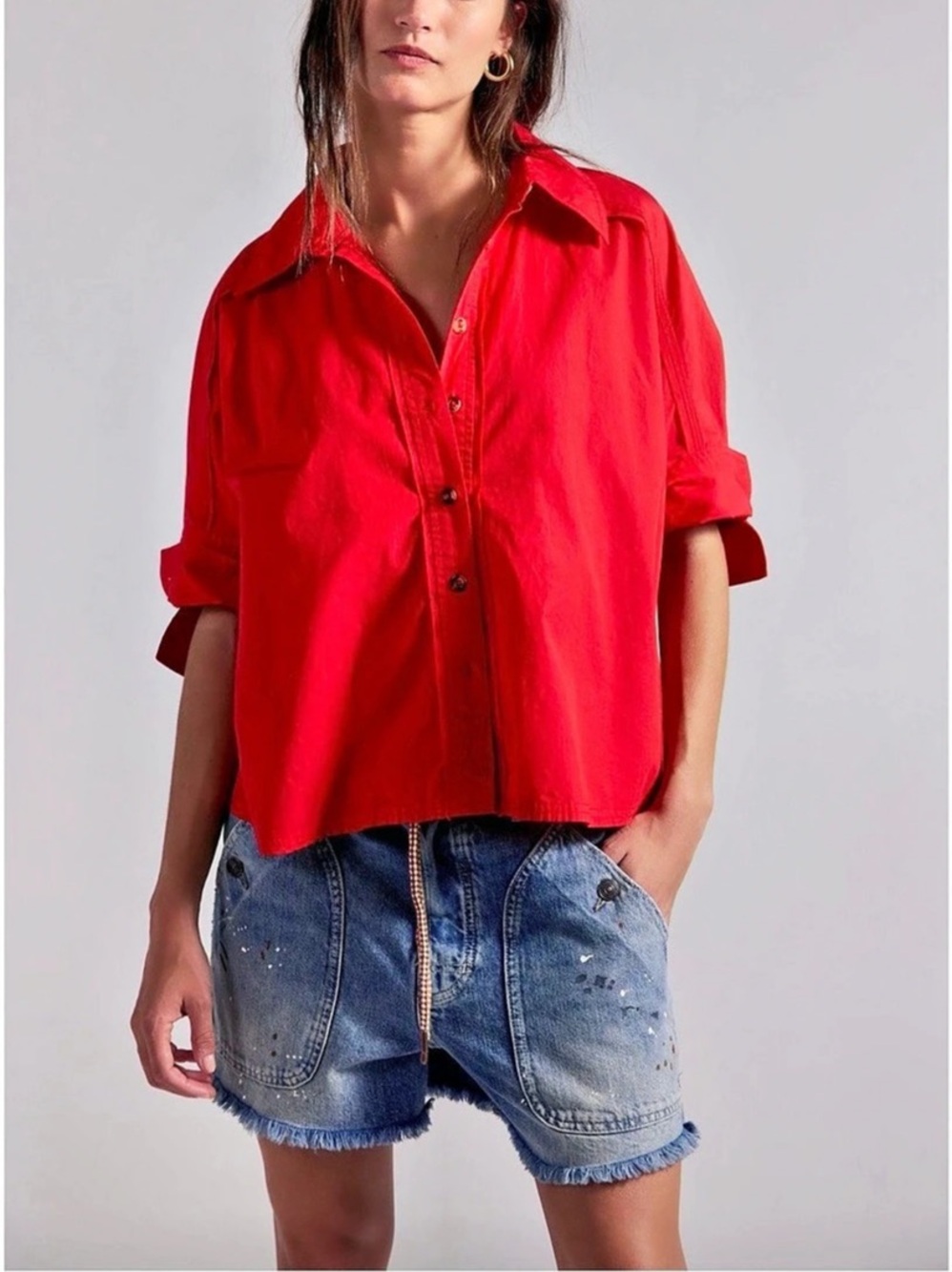 We The Free Seaside Cotton Button Down Shirt in High Risk Red
